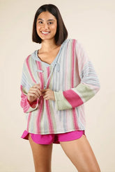 Multi Color Stripe Long Sleeve Ribbed Knit Hoodie Very J
